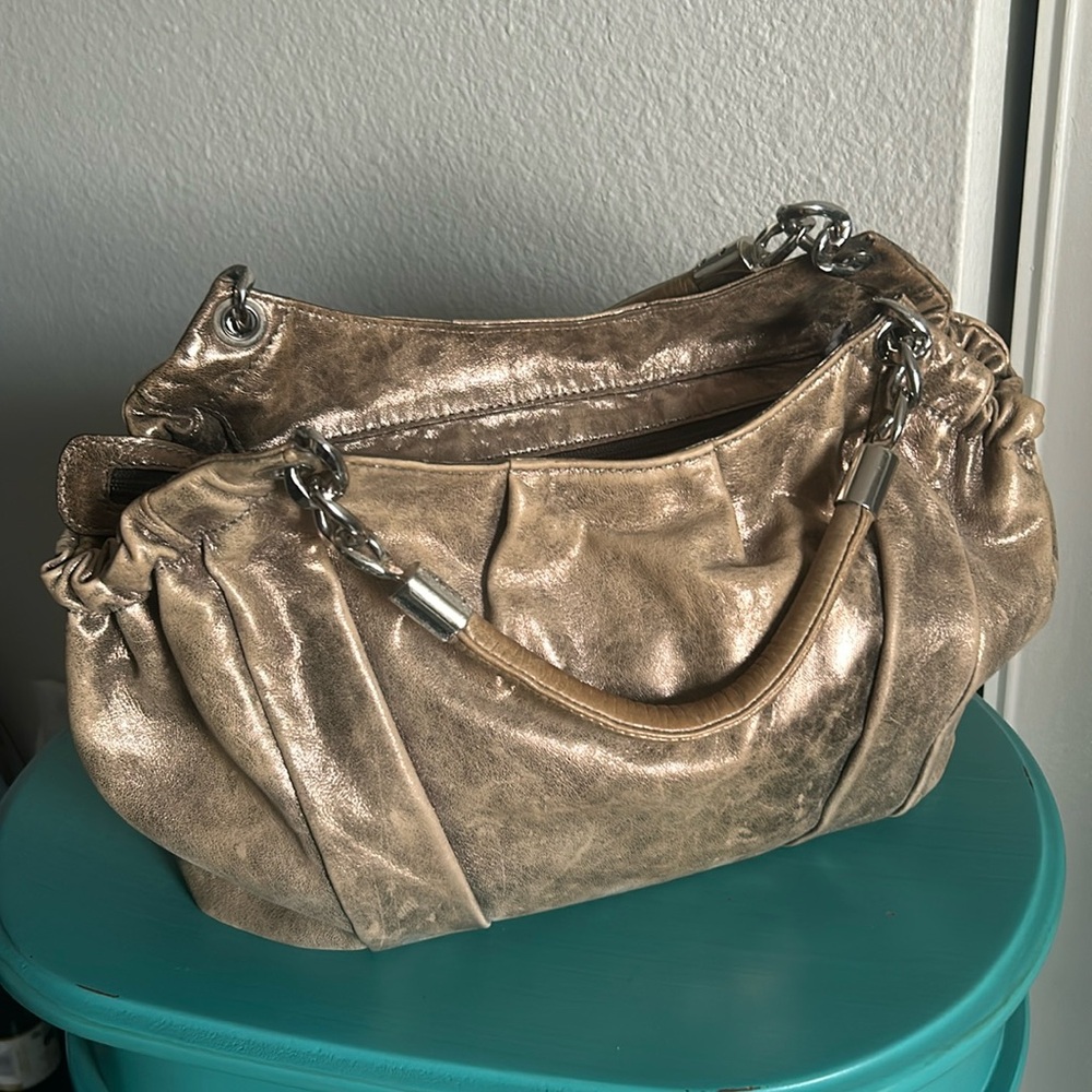 Michael Kors Luxe Metallic Antiqued Gold Supple Leather Hobo Hand Shoulder Bag